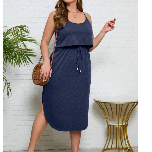 Plus Navy Blue Cami Straps High Waisted Side Slit Midi Dress - Picture 4 of 4
